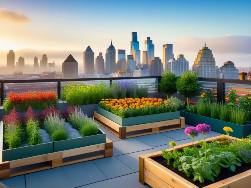 Un oasis urbano vibrante con hierbas verdes, verduras coloridas y flores en flor