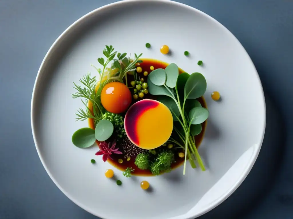 Una obra de arte culinaria: un exquisito plato creado por un renombrado chef, con colores vibrantes, adornos intrincados y presentación impecable