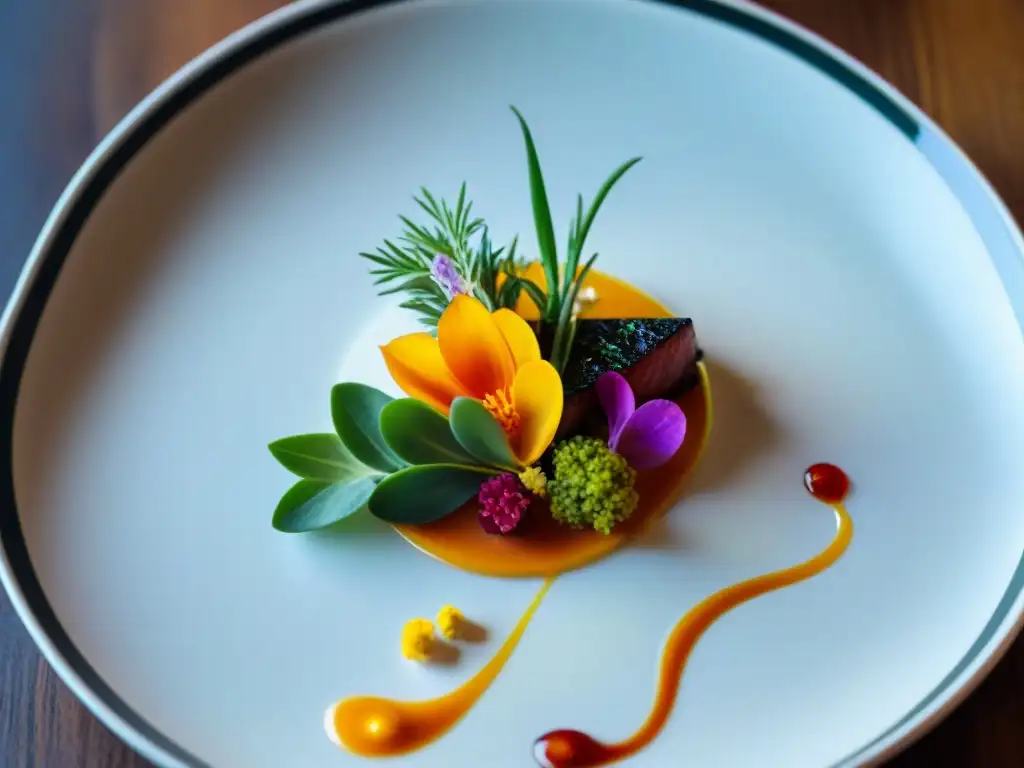 Una obra de arte culinaria con historias presentación platos gourmet en un plato blanco elegante, resaltando colores y texturas