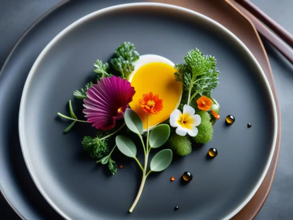 Una obra de arte culinaria con ingredientes coloridos formando un diseño floral en un plato blanco moderno, destacando sobre fondo negro