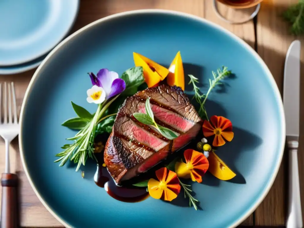 Una obra de arte culinaria en una mesa rústica, destacando colores vibrantes y texturas intrincadas