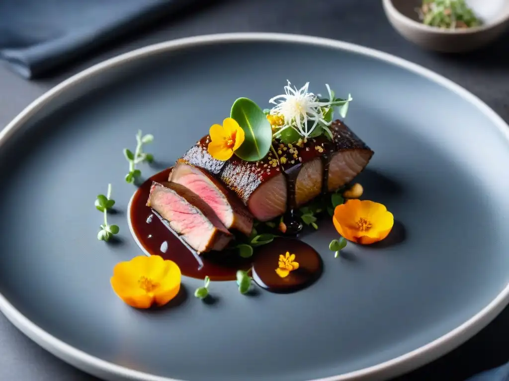 Una obra de arte culinaria: Pato con mole fusionado, microgreens y flores comestibles en plato blanco sobre fondo oscuro