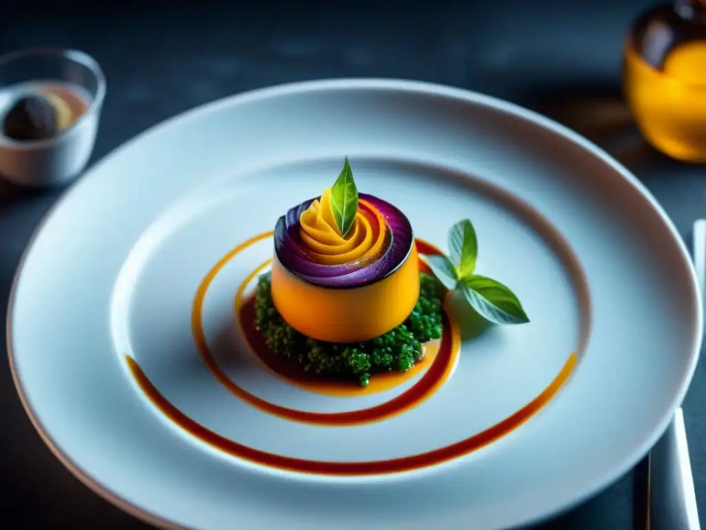 Una obra de arte culinaria de alta gastronomía: plato gourmet exquisitamente presentado con colores vibrantes y detalles intrincados