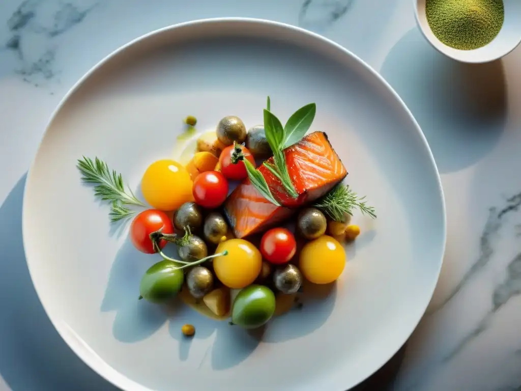 Una obra de arte culinaria: plato gourmet con ingredientes vibrantes, colores llamativos y presentación elegante que personifica la alta gastronomía