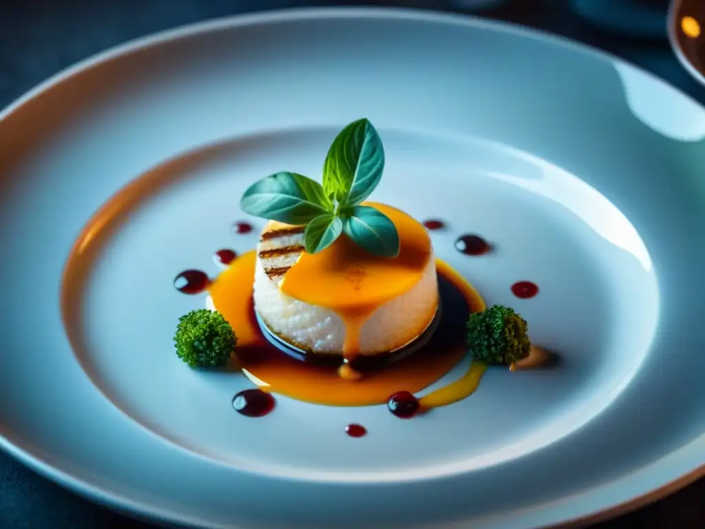 Una obra de arte culinaria: plato gourmet con colores vibrantes y detalles intrincados, servido en porcelana blanca