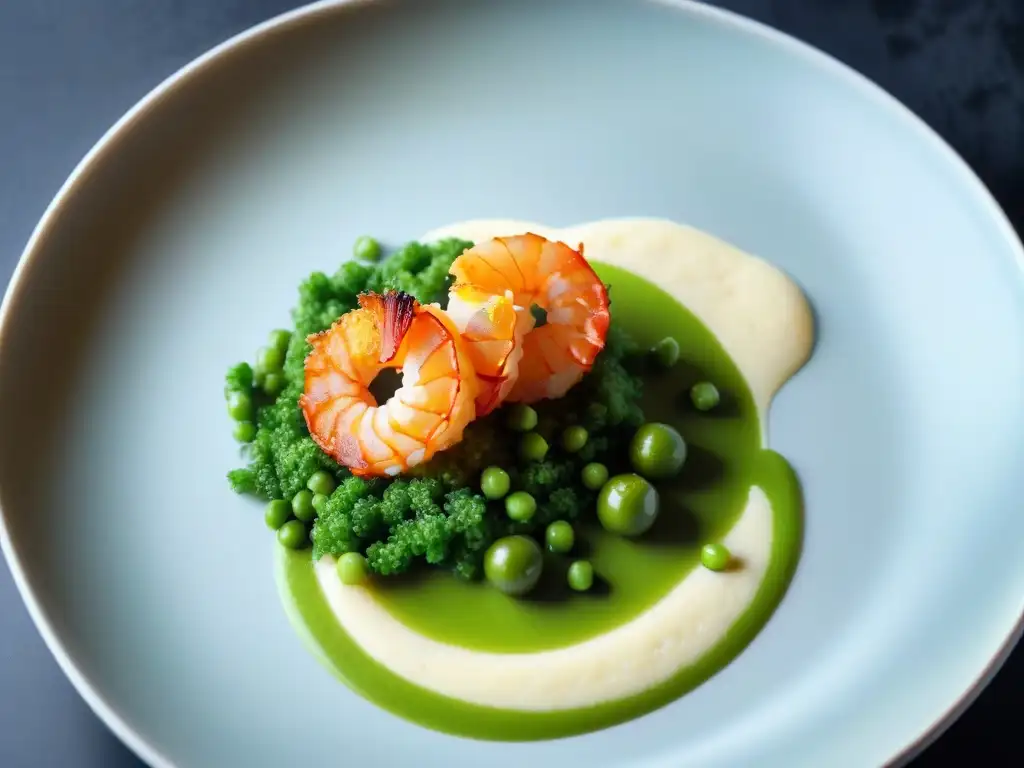 Una obra de arte culinaria con torre de tempura de camarón sobre puré de guisantes wasabi, aioli de yuzu y semillas de sésamo negro