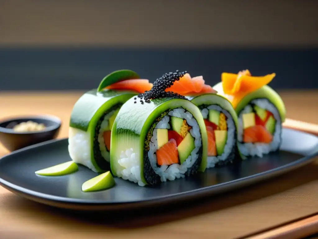 Una obra de arte culinario con sushi de autor: ingredientes frescos y creatividad en Cocina Asiática Fusión Creativa Sin Fronteras