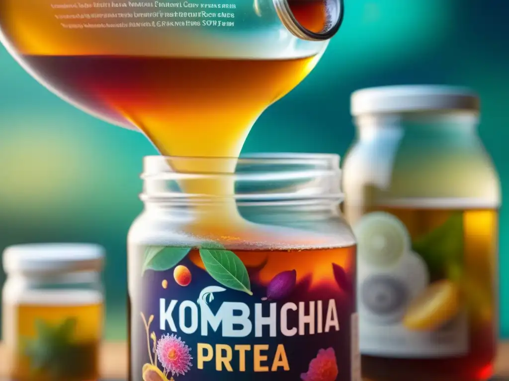 Una obra de arte detallada de bacterias en Kombucha, resaltando el equilibrio digestivo entre el kombucha y microbiota