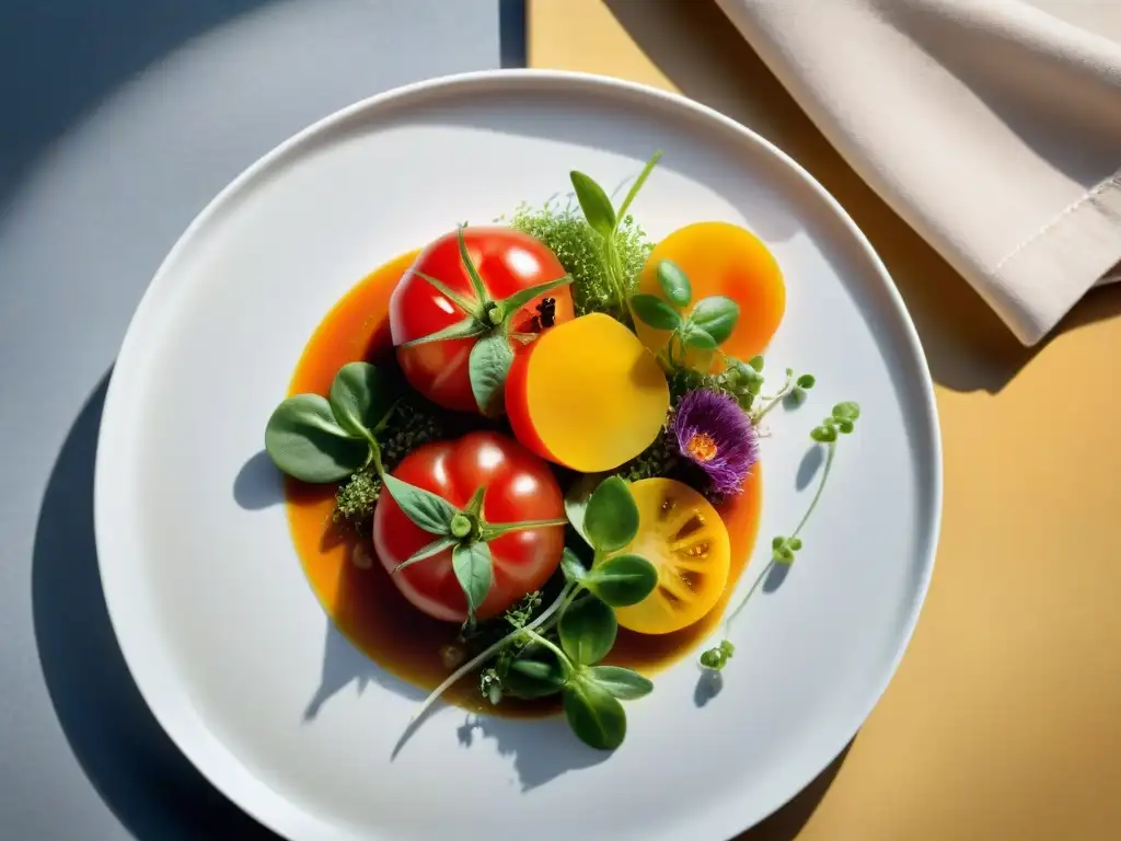 Una obra de arte gastronómica con alimentos orgánicos, resaltando colores y texturas en un plato elegante