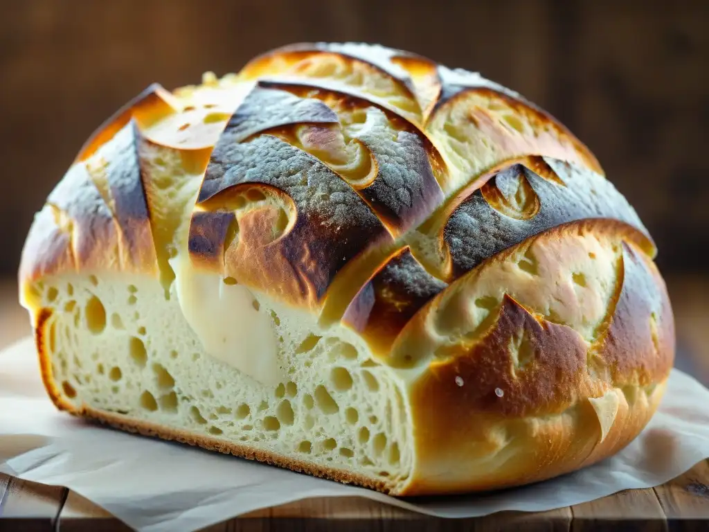 Una obra de arte gastronómica: pan de masa fermentada lentamente, recién horneado, en una mesa rústica de madera