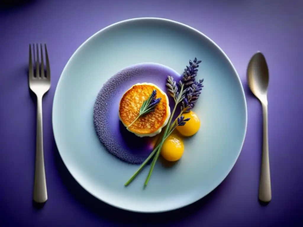 Una obra culinaria gourmet detallada con lavanda como ingrediente central