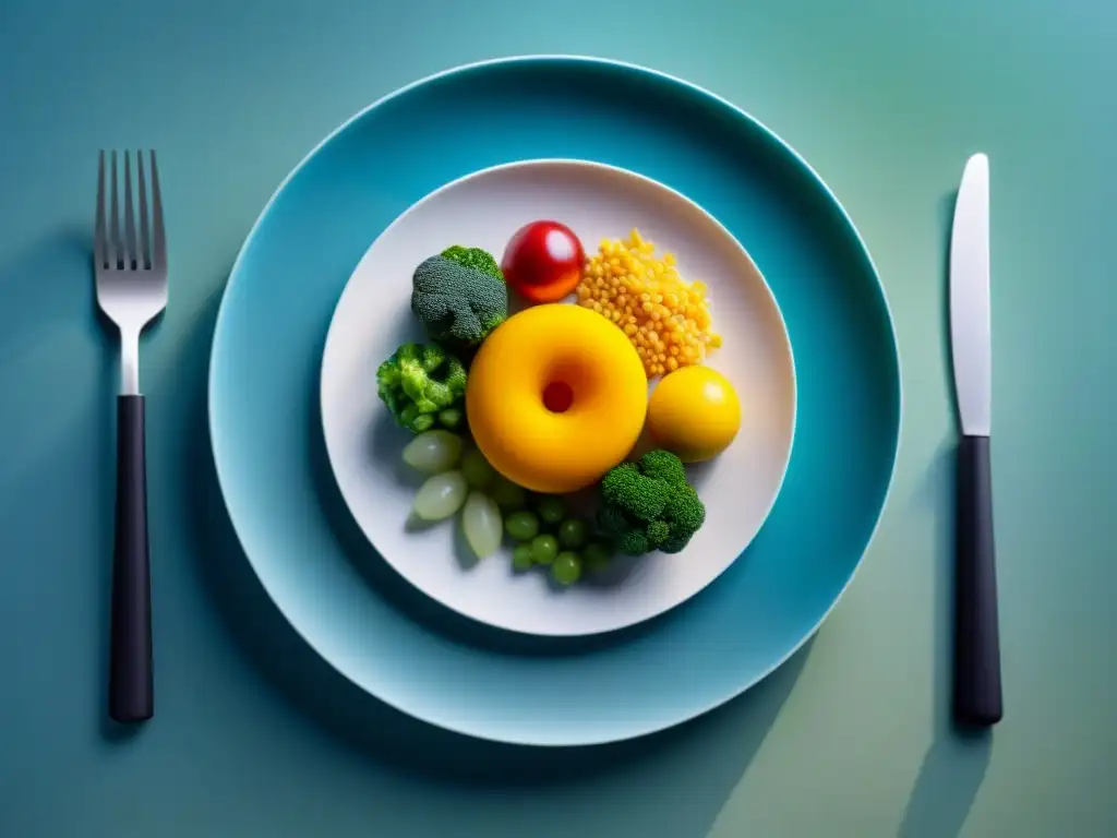 Una obra maestra de la gastronomía con alimentos impresos en 3D, colores vibrantes y presentación vanguardista