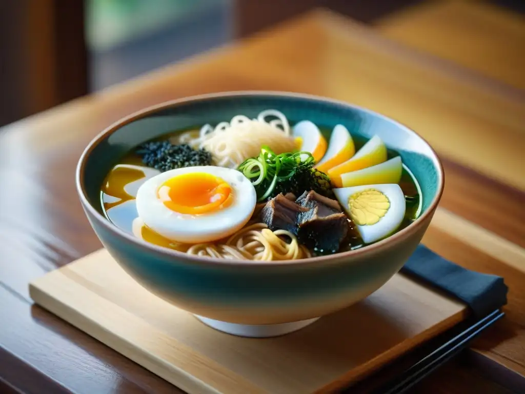 Una obra maestra de un bowl de ramen japonés tradicional, con todos sus ingredientes, en una ambientación cálida