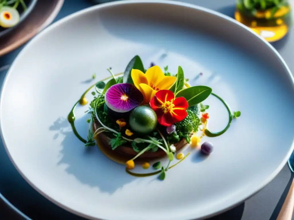 Obra maestra de alta gastronomía: plato de comida cruda reinventada, colorido y delicadamente presentado en un elegante plato blanco moderno