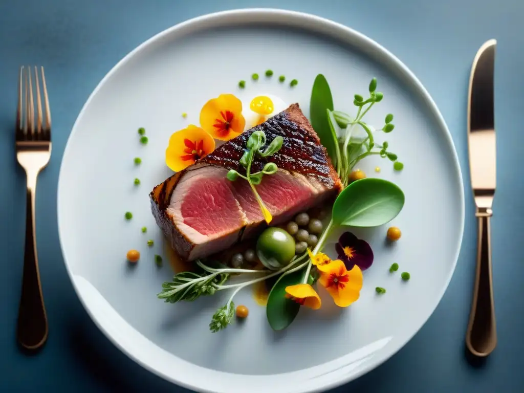 Una obra maestra culinaria: carne cultivada para gourmet en un plato blanco, decorado con microgreens y flores comestibles