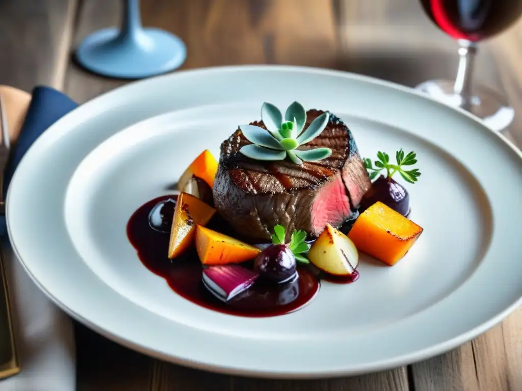 Una obra maestra culinaria: Carnes de caza sabores salvajes en un plato elegante sobre fondo rústico