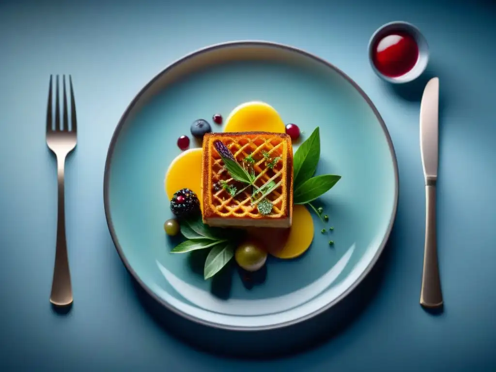 Plato gourmet fusionado con arte culinario moderno Una obra maestra culinaria: comidas tradicionales en versiones contemporáneas, destacando colores vibrantes y presentación elegante