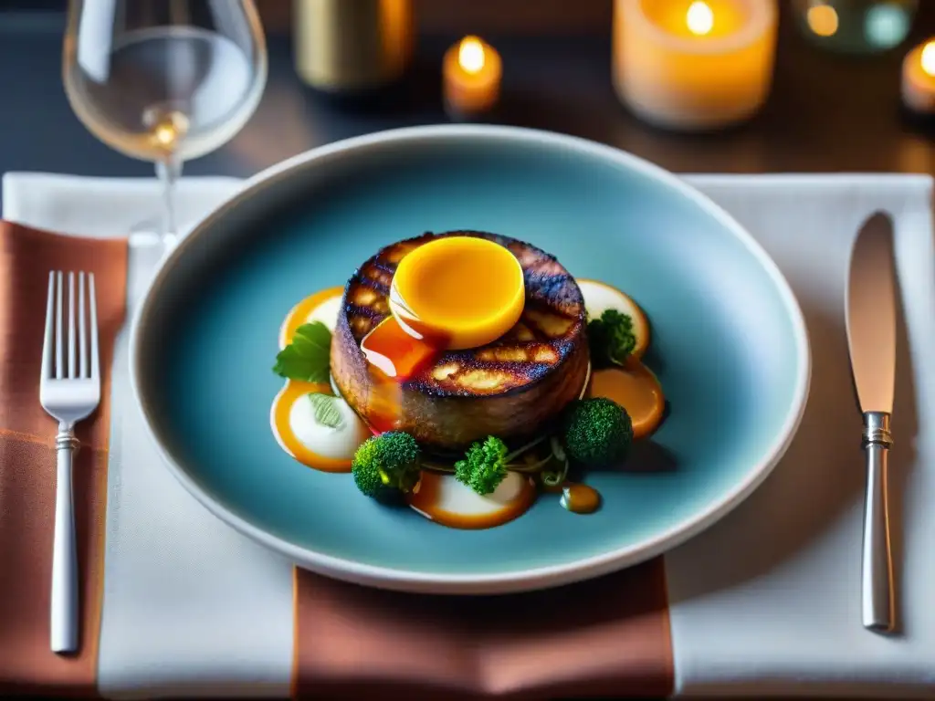 Una obra maestra culinaria con influencia en paladar, destacando colores y texturas en un elegante ambiente de comedor iluminado por velas