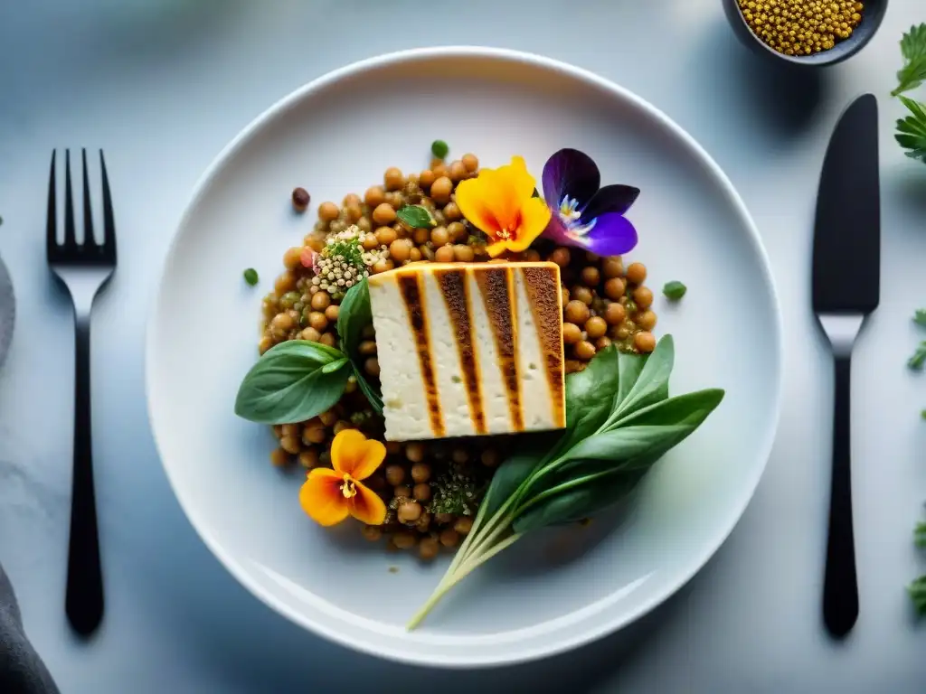 Una obra maestra culinaria con proteínas vegetales en alta cocina: tofu, seitán, lentejas y quinoa, adornadas con hierbas frescas y flores comestibles