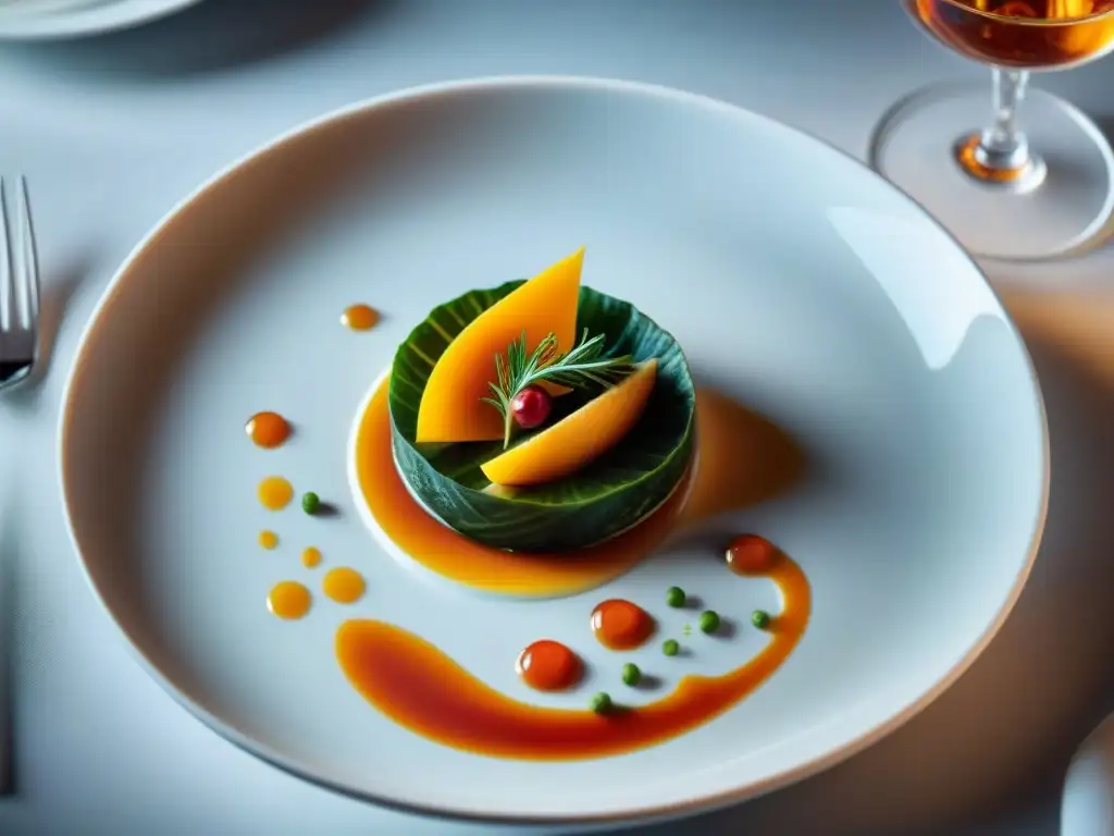 Una obra maestra de alta gastronomía estética: plato gourmet meticulosamente elaborado con colores vibrantes y detalles intrincados