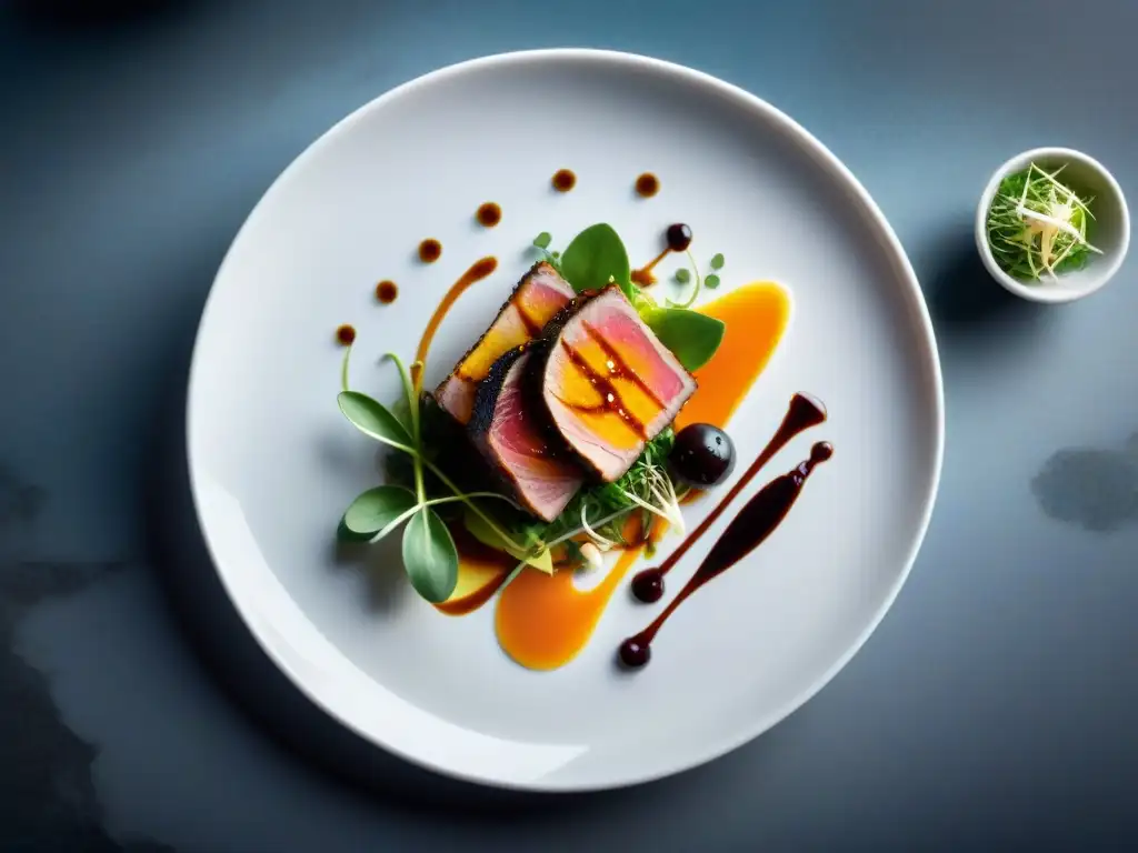 Una obra maestra de Fusión Étnica en Alta Gastronomía: cerdo marinado, mole, microgreens y cilantro en elegante presentación