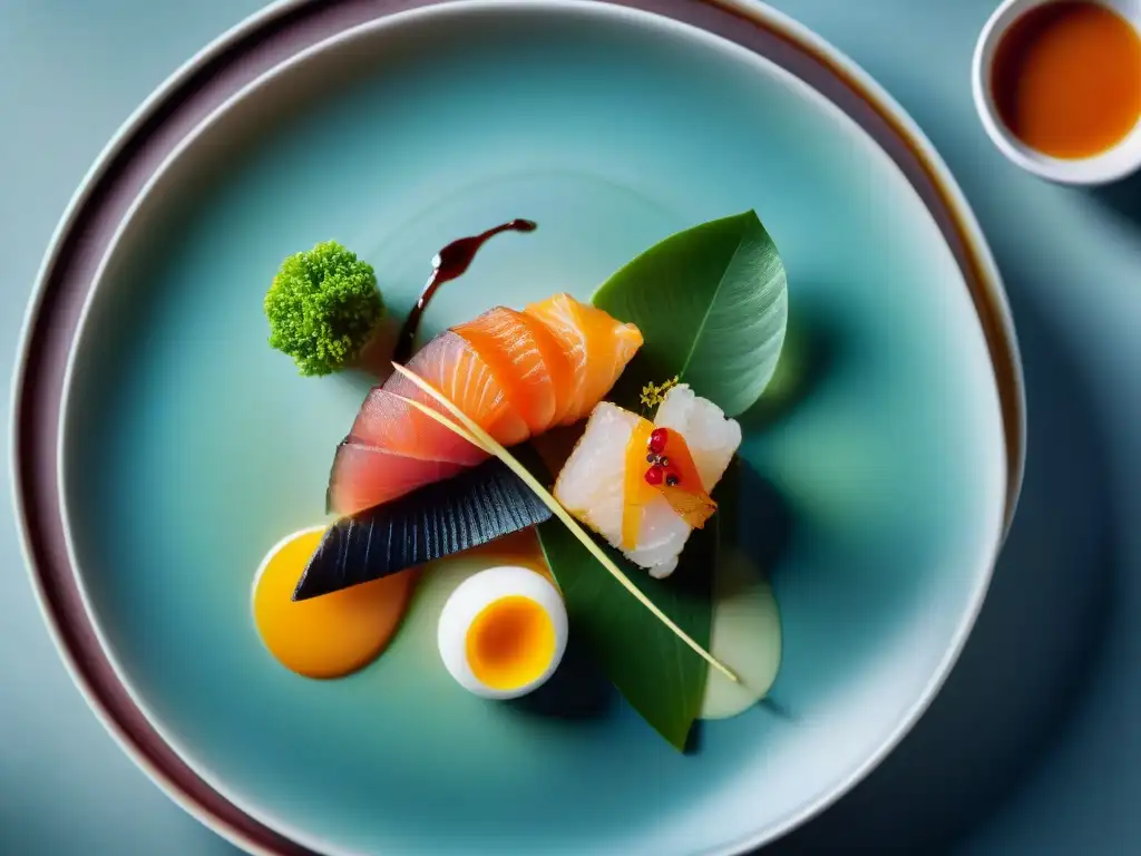 Delicada fusión japonesa: Sashimi y foie gras en armonía Una obra maestra de fusiones japonesas innovadoras gourmet en un plato minimalista con colores vibrantes y delicados detalles