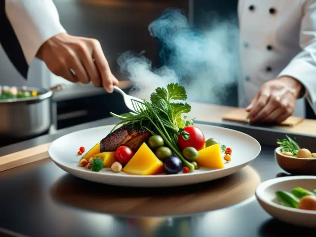 Una obra maestra gastronómica resaltando la importancia del color en la cocina, con una presentación detallada y vibrante