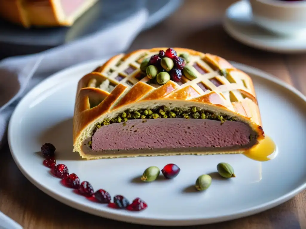 Una obra maestra gourmet: pâté en croûte dorado con pistachos y arándanos en un plato blanco impecable