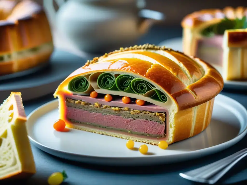 Una obra maestra gourmet de pâté en croûte: masa dorada, relleno suculento y decoraciones delicadas que reflejan sofisticación culinaria