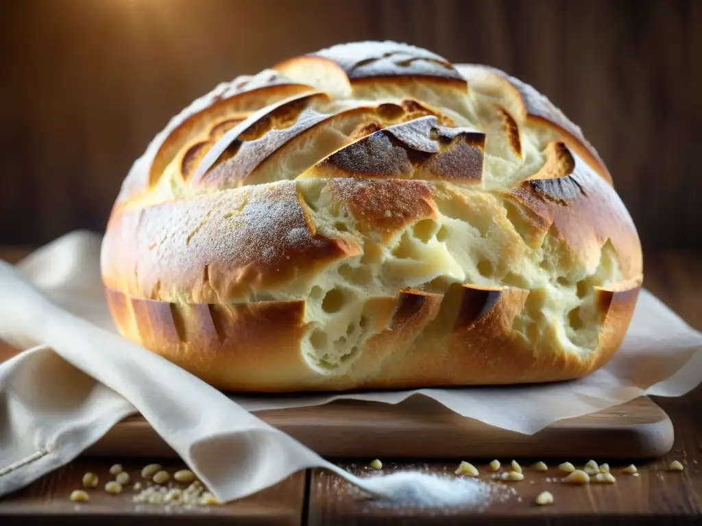 Una obra maestra de panadería artesanal, con corteza dorada y meticulosos patrones, sobre una mesa rústica con harina esparcida