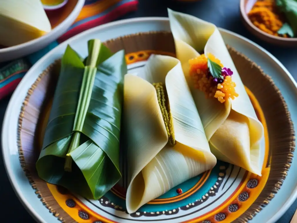 Una obra maestra de sabores tamales prehispánicos gourmet en textil ancestral vibrante