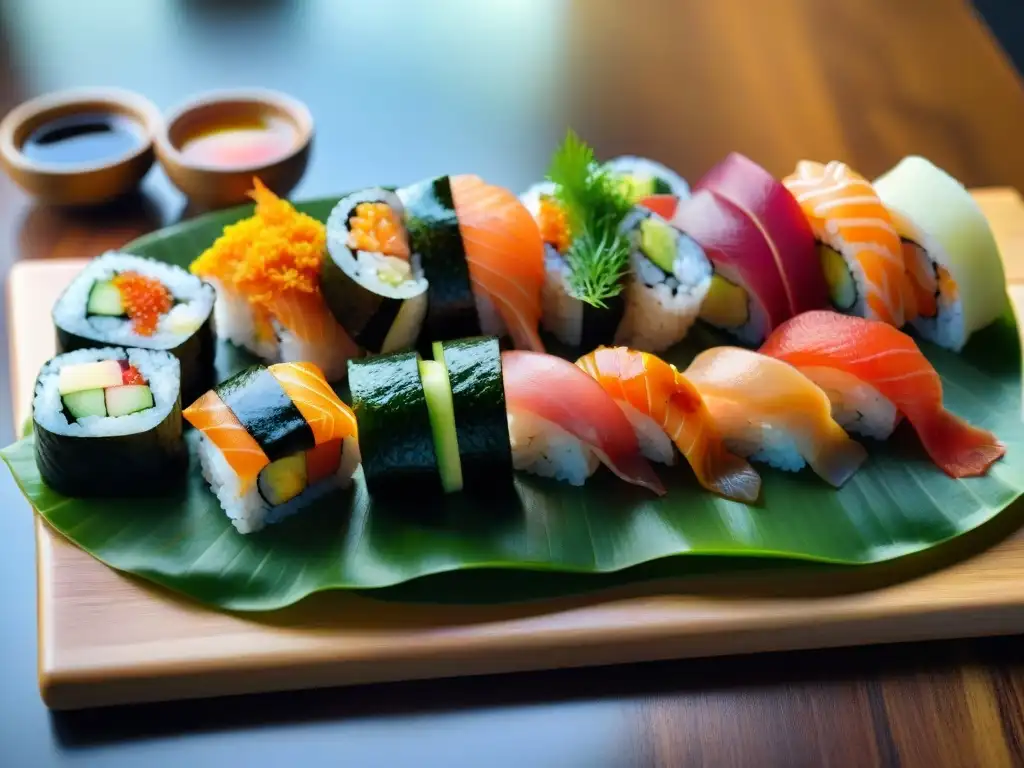 Obra maestra de sushi gourmet: variados rolls y sashimi coloridos en tabla de madera