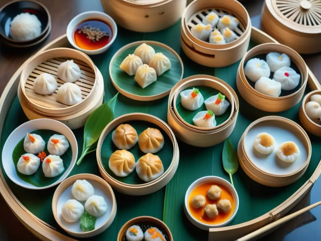 Una obra maestra ultradetallada de dim sum caliente con una variedad de dumplings, panecillos y rollitos, mostrando la evolución de los Dim Sum