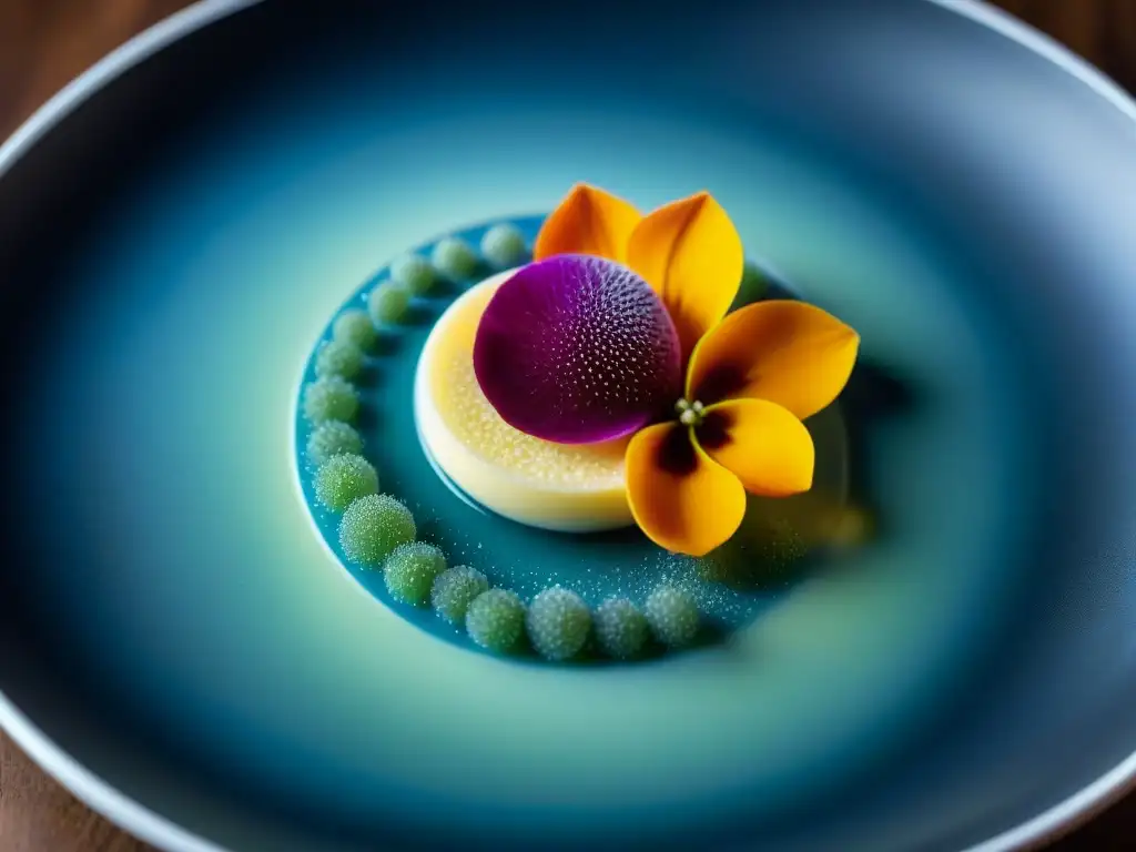 Una obra maestra de la gastronomía molecular con vibrantes colores y texturas, creando una escena visualmente cautivadora