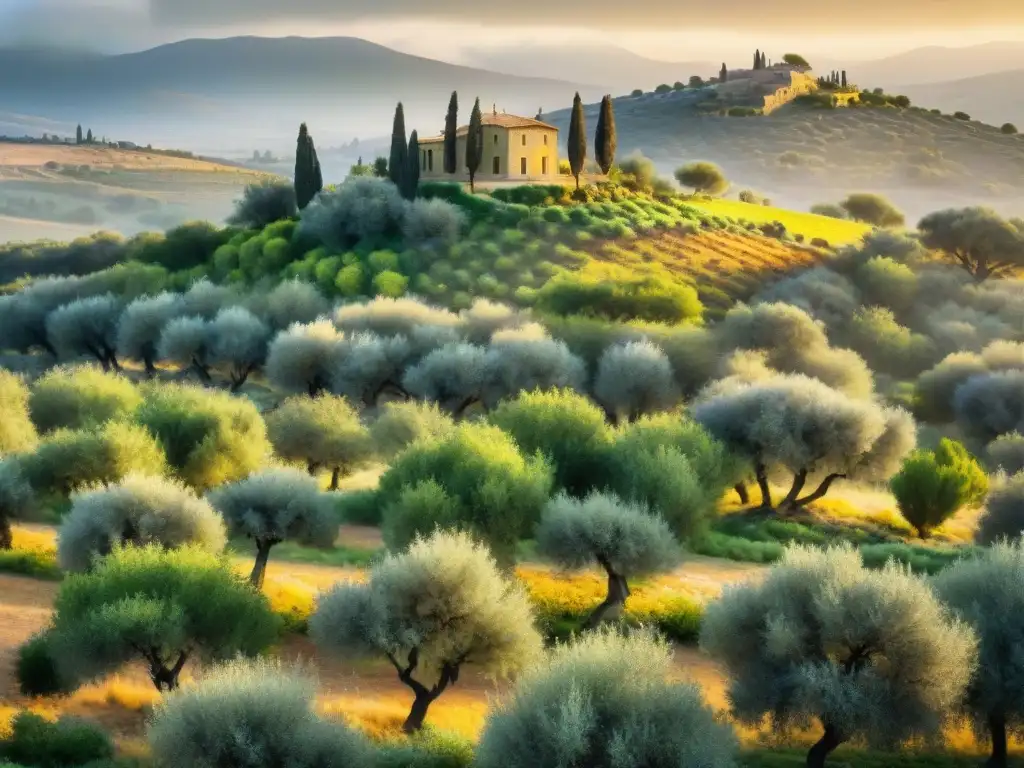 Un olivar antiguo bañado por la luz dorada del amanecer mediterráneo