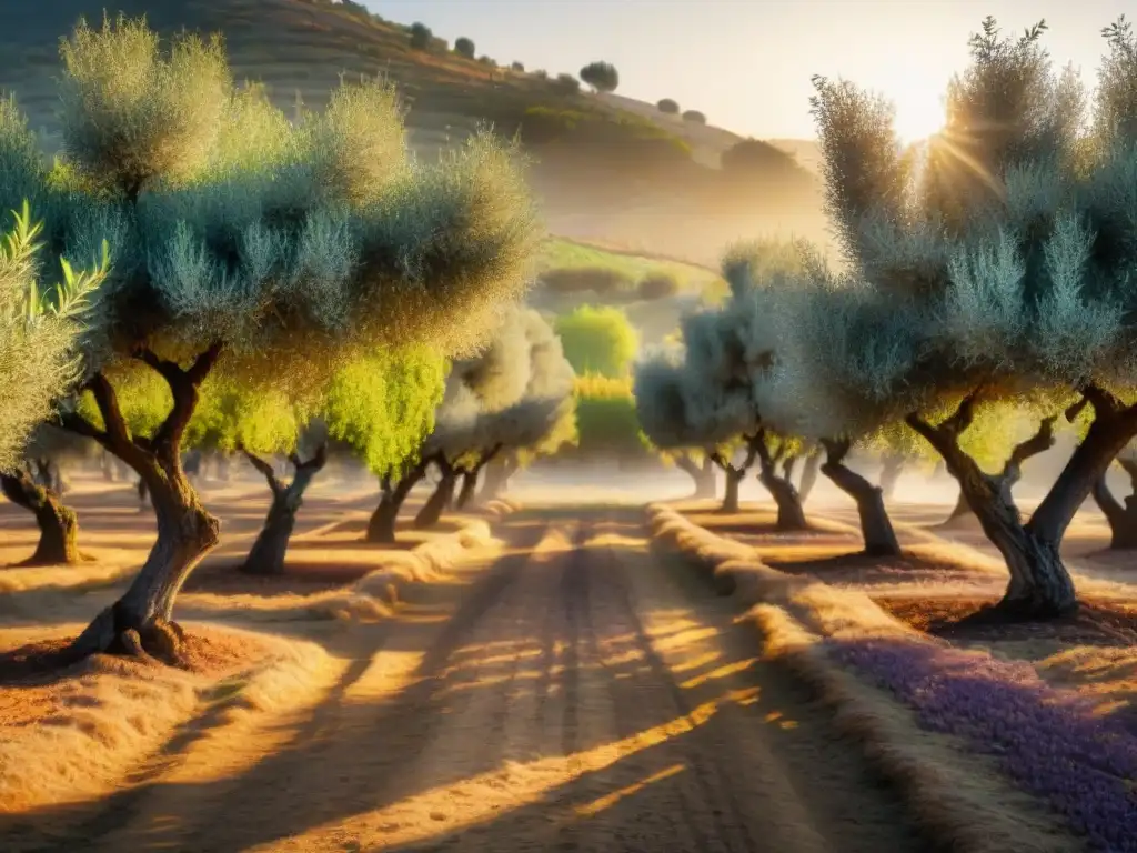 Un olivar al atardecer con olivos cargados de aceitunas maduras, bañado por la luz dorada del sol