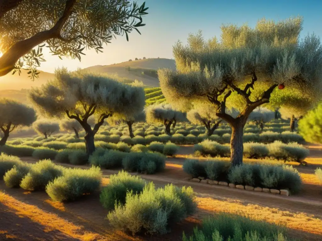 Un olivar bañado por el sol del atardecer, productores aceite oliva gourmet recolectando frutas maduras entre sombras y luces