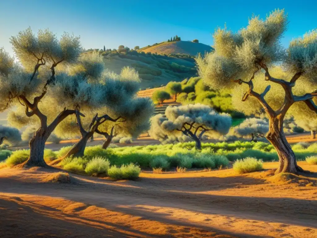 Un olivar exuberante al atardecer, con la luz dorada filtrándose entre los árboles de olivo, evocando una sensación de tranquilidad