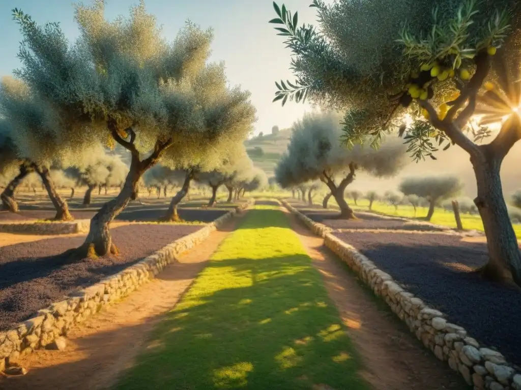 Un olivar exuberante en un día soleado, con olivos cargados de aceitunas verdes y una casa de campo mediterránea al fondo