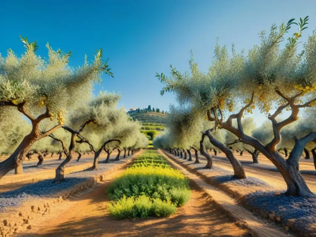 Un olivar exuberante bajo el sol mediterráneo, árboles de olivo centenarios cargados de aceitunas