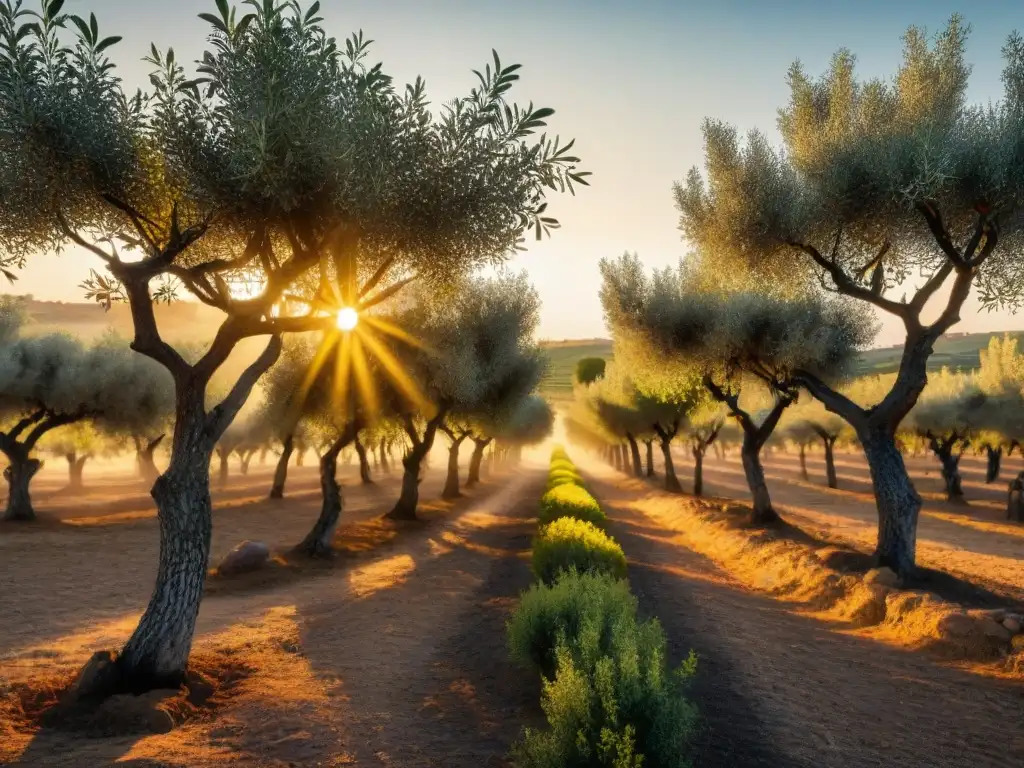 Un olivar mediterráneo al atardecer, con olivos vibrantes y el sol dorado que ilumina el paisaje