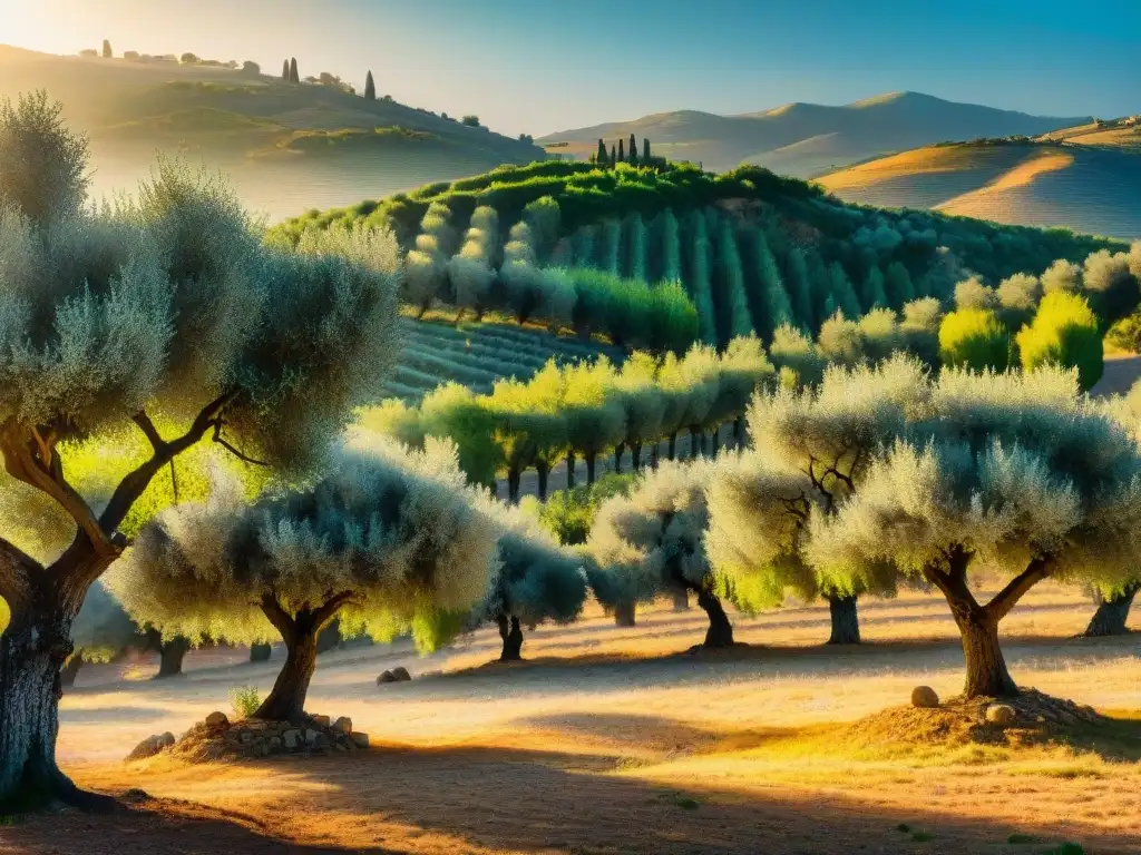 Un olivar mediterráneo al atardecer, con olivos cargados de aceitunas relucientes