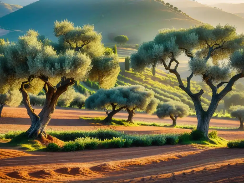 Un olivar mediterráneo al amanecer, con olivos cargados de aceitunas, bañado por la luz dorada del sol