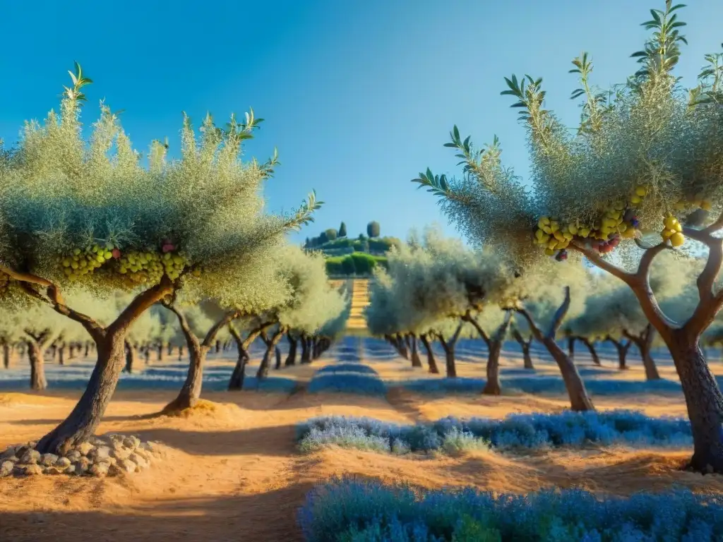 Un olivar mediterráneo vibrante bajo la luz dorada, repleto de olivos sanos cargados de aceitunas maduras