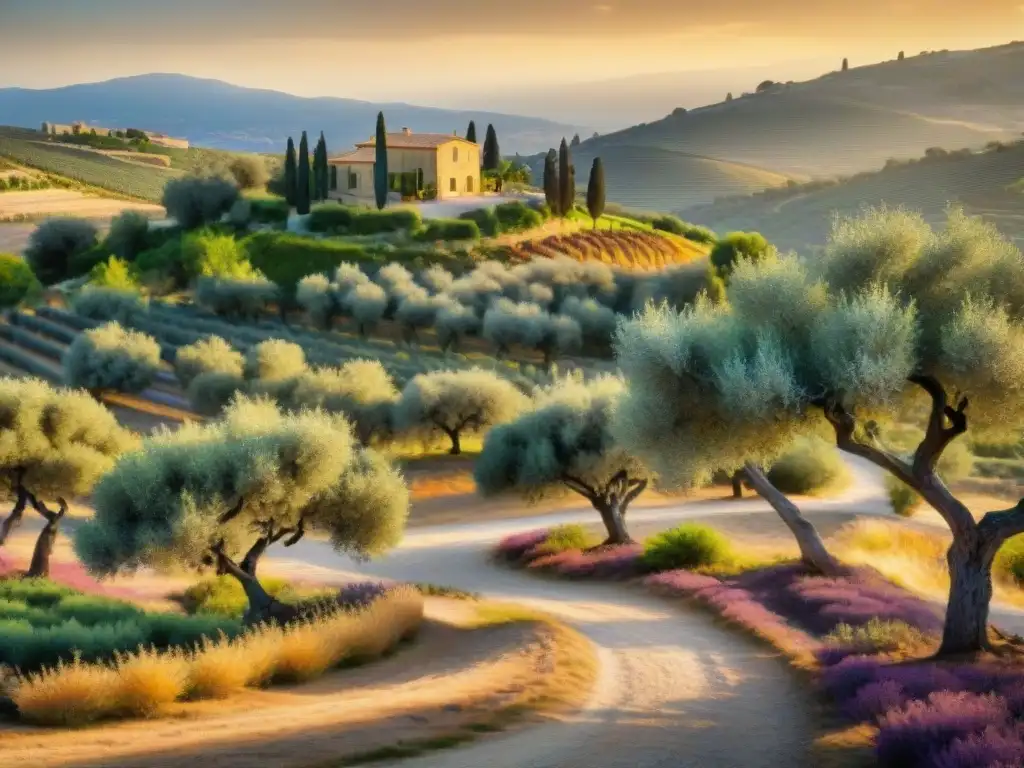 Un olivar pintoresco al atardecer con árboles repletos de aceitunas maduras