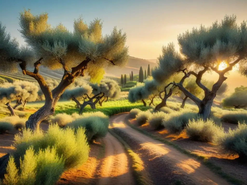 Un olivar pintoresco al atardecer con árboles cargados de aceitunas brillantes