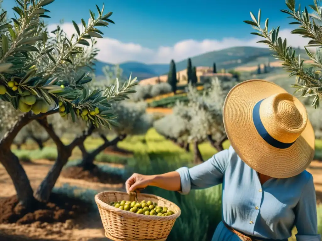 Un olivar pintoresco bañado por el cálido sol mediterráneo, donde un agricultor recolecta cuidadosamente aceitunas en una cesta tejida