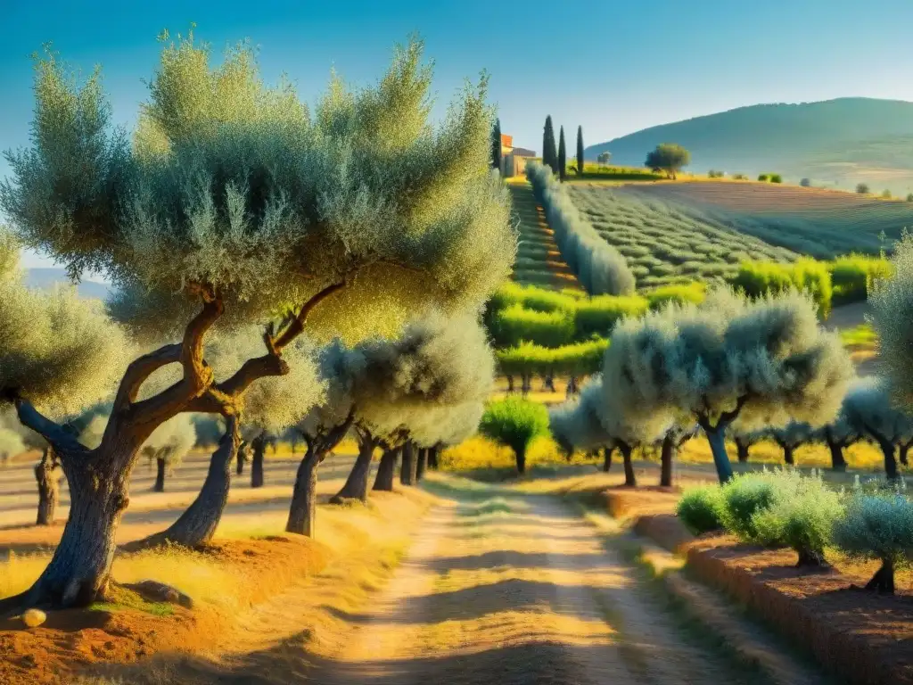 Un olivar pintoresco bañado en luz dorada, con árboles de olivo cargados de frutos maduros