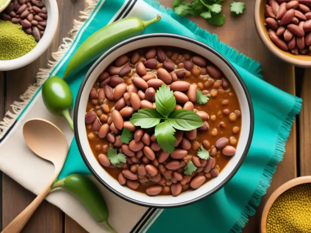 Una olla de frijoles pintos mexicanos con especias tradicionales, exudando un aroma reconfortante en una mesa de madera rústica