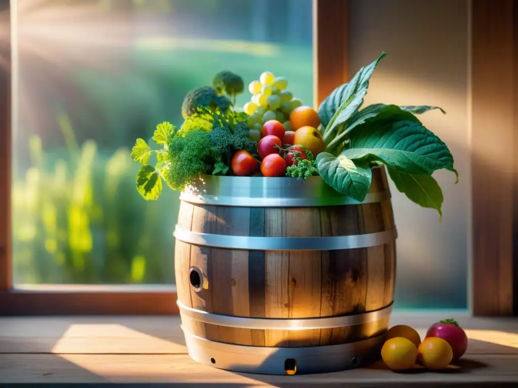 Barrel de fermentación orgánica, frutas, verduras y hierbas burbujeantes, iluminado por la luz solar